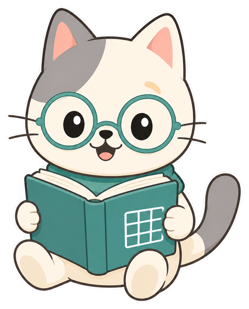 Cat mascot reading a puzzle book