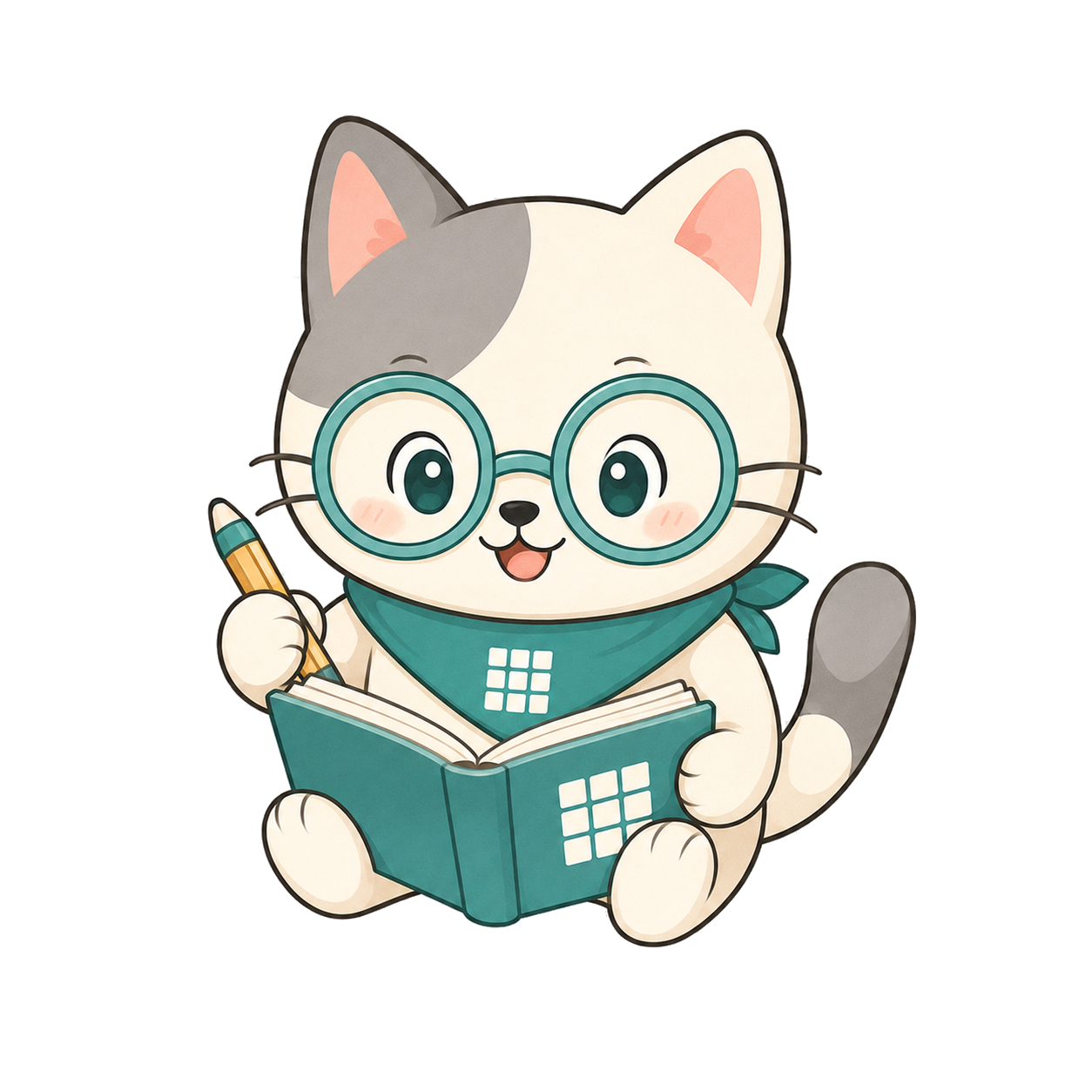 Cat mascot reading a puzzle guide with glasses