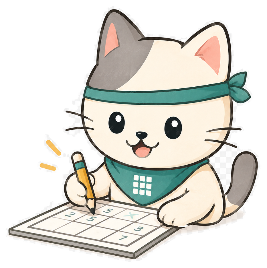 Cat mascot solving a small Meowdoku board