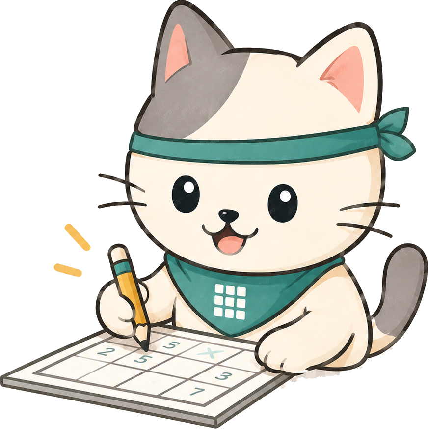 Cat solving a practice logic puzzle with a pencil