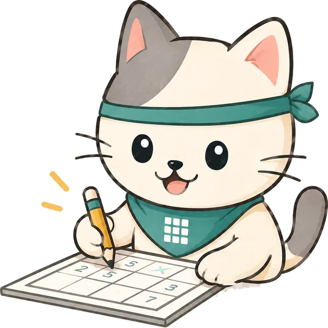 Cat solving a practice logic puzzle with a pencil