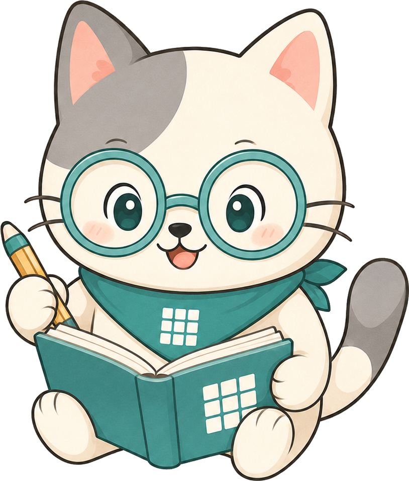 Cat with glasses reading a puzzle guide