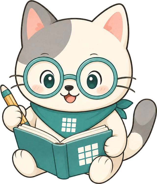 Cat with glasses reading a puzzle guide