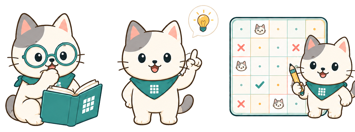 Original cat mascots explaining a Meowdoku level answer board