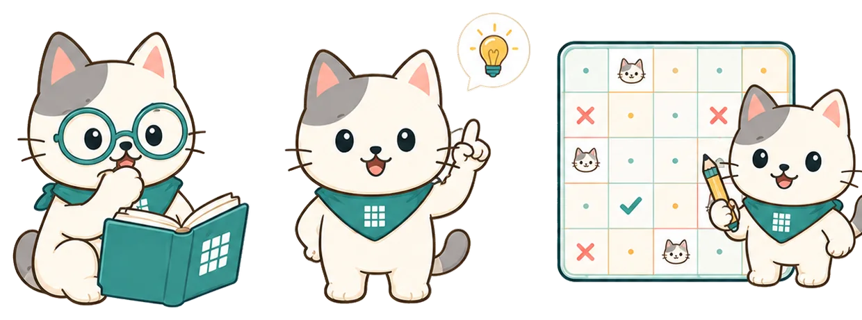 Original cat mascots explaining a Meowdoku level answer board