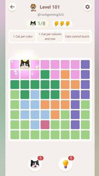 Meowdoku Level 101 step 1 screenshot showing the cat placement at B1 with 1 of 8 cats visible on the board.