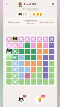 Meowdoku Level 101 step 2 screenshot showing the cat placement at A3 with 2 of 8 cats visible on the board.