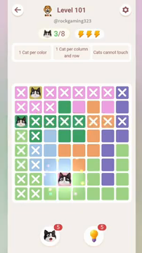 Meowdoku Level 101 step 3 screenshot showing the cat placement at D7 with 3 of 8 cats visible on the board.