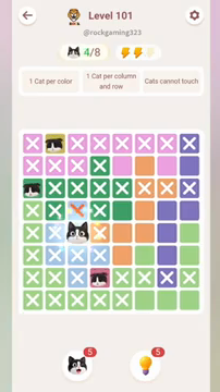 Meowdoku Level 101 step 4 screenshot showing the cat placement at C5 with 4 of 8 cats visible on the board.