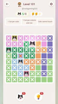 Meowdoku Level 101 step 5 screenshot showing the cat placement at E2 with 5 of 8 cats visible on the board.