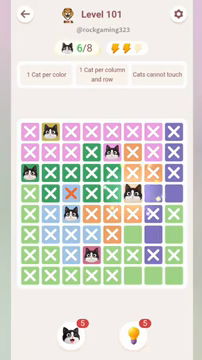 Meowdoku Level 101 step 6 screenshot showing the cat placement at F4 with 6 of 8 cats visible on the board.