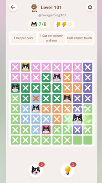 Meowdoku Level 101 step 7 screenshot showing the cat placement at G6 with 7 of 8 cats visible on the board.