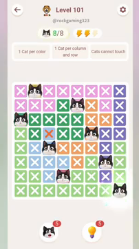 Meowdoku Level 101 step 8 screenshot showing the cat placement at H8 with 8 of 8 cats visible on the board.