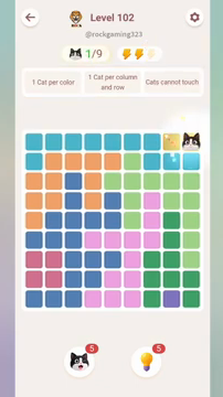 Meowdoku Level 102 step 1 screenshot showing the cat placement at I1 with 1 of 9 cats visible on the board.