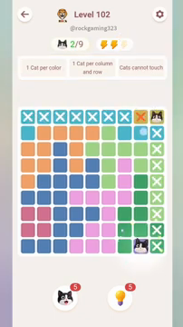 Meowdoku Level 102 step 2 screenshot showing the cat placement at H9 with 2 of 9 cats visible on the board.