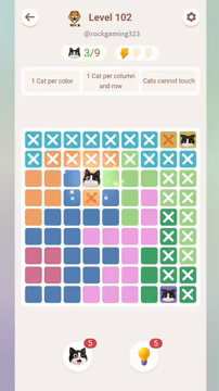 Meowdoku Level 102 step 3 screenshot showing the cat placement at D3 with 3 of 9 cats visible on the board.