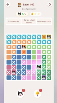 Meowdoku Level 102 step 5 screenshot showing the cat placement at G7 with 5 of 9 cats visible on the board.