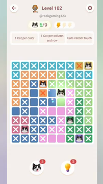 Meowdoku Level 102 step 6 screenshot showing the cat placement at F4 with 6 of 9 cats visible on the board.