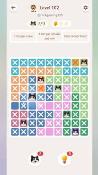 Meowdoku Level 102 step 7 screenshot showing the cat placement at C5 with 7 of 9 cats visible on the board.
