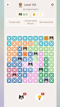 Meowdoku Level 102 step 8 screenshot showing the cat placement at E6 with 8 of 9 cats visible on the board.