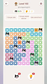 Meowdoku Level 102 step 9 screenshot showing the cat placement at A2 with 9 of 9 cats visible on the board.
