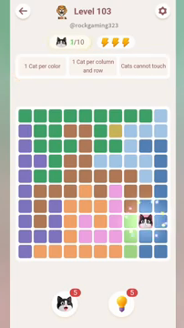 Meowdoku Level 103 step 1 screenshot showing the cat placement at I8 with 1 of 10 cats visible on the board.