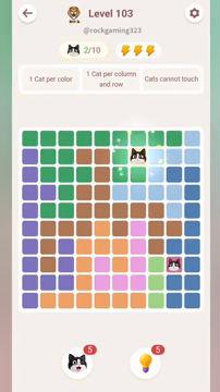 Meowdoku Level 103 step 2 screenshot showing the cat placement at G2 with 2 of 10 cats visible on the board.