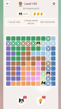 Meowdoku Level 103 step 3 screenshot showing the cat placement at H10 with 3 of 10 cats visible on the board.