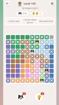 Meowdoku Level 103 step 4 screenshot showing the cat placement at F4 with 4 of 10 cats visible on the board.