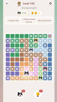 Meowdoku Level 103 step 5 screenshot showing the cat placement at E9 with 5 of 10 cats visible on the board.