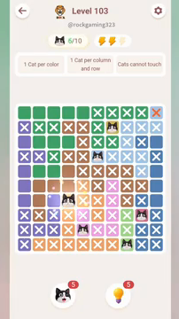 Meowdoku Level 103 step 6 screenshot showing the cat placement at D7 with 6 of 10 cats visible on the board.