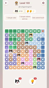 Meowdoku Level 103 step 7 screenshot showing the cat placement at B6 with 7 of 10 cats visible on the board.
