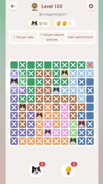 Meowdoku Level 103 step 8 screenshot showing the cat placement at A3 with 8 of 10 cats visible on the board.