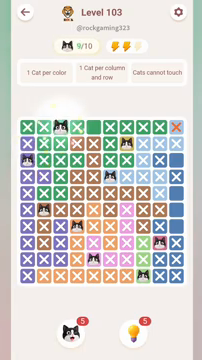 Meowdoku Level 103 step 9 screenshot showing the cat placement at C1 with 9 of 10 cats visible on the board.