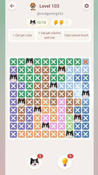 Meowdoku Level 103 step 10 screenshot showing the cat placement at J5 with 10 of 10 cats visible on the board.