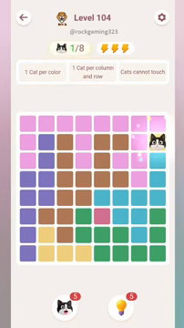 Meowdoku Level 104 step 1 screenshot showing the cat placement at H2 with 1 of 8 cats visible on the board.