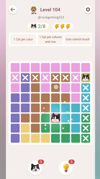 Meowdoku Level 104 step 2 screenshot showing the cat placement at E6 with 2 of 8 cats visible on the board.