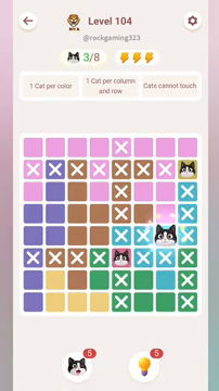 Meowdoku Level 104 step 3 screenshot showing the cat placement at G5 with 3 of 8 cats visible on the board.