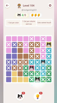 Meowdoku Level 104 step 4 screenshot showing the cat placement at F8 with 4 of 8 cats visible on the board.