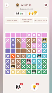 Meowdoku Level 104 step 5 screenshot showing the cat placement at B7 with 5 of 8 cats visible on the board.