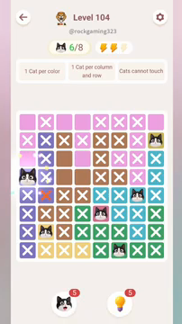 Meowdoku Level 104 step 6 screenshot showing the cat placement at A4 with 6 of 8 cats visible on the board.
