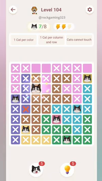 Meowdoku Level 104 step 7 screenshot showing the cat placement at C3 with 7 of 8 cats visible on the board.