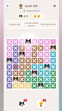 Meowdoku Level 104 step 8 screenshot showing the cat placement at D1 with 8 of 8 cats visible on the board.