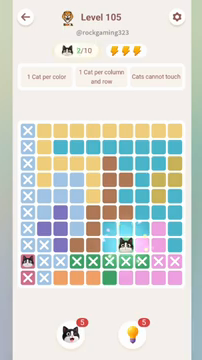 Meowdoku Level 105 step 2 screenshot showing the cat placement at G8 with 2 of 10 cats visible on the board.