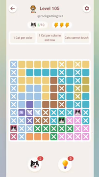 Meowdoku Level 105 step 3 screenshot showing the cat placement at I7 with 3 of 10 cats visible on the board.
