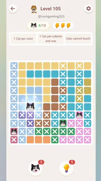 Meowdoku Level 105 step 4 screenshot showing the cat placement at C6 with 4 of 10 cats visible on the board.