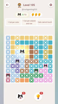 Meowdoku Level 105 step 5 screenshot showing the cat placement at D4 with 5 of 10 cats visible on the board.