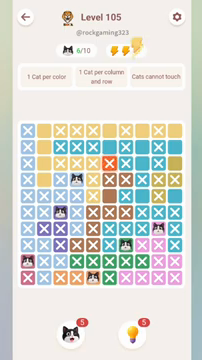 Meowdoku Level 105 step 6 screenshot showing the cat placement at E10 with 6 of 10 cats visible on the board.