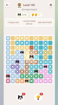 Meowdoku Level 105 step 7 screenshot showing the cat placement at F5 with 7 of 10 cats visible on the board.