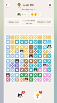 Meowdoku Level 105 step 8 screenshot showing the cat placement at J3 with 8 of 10 cats visible on the board.